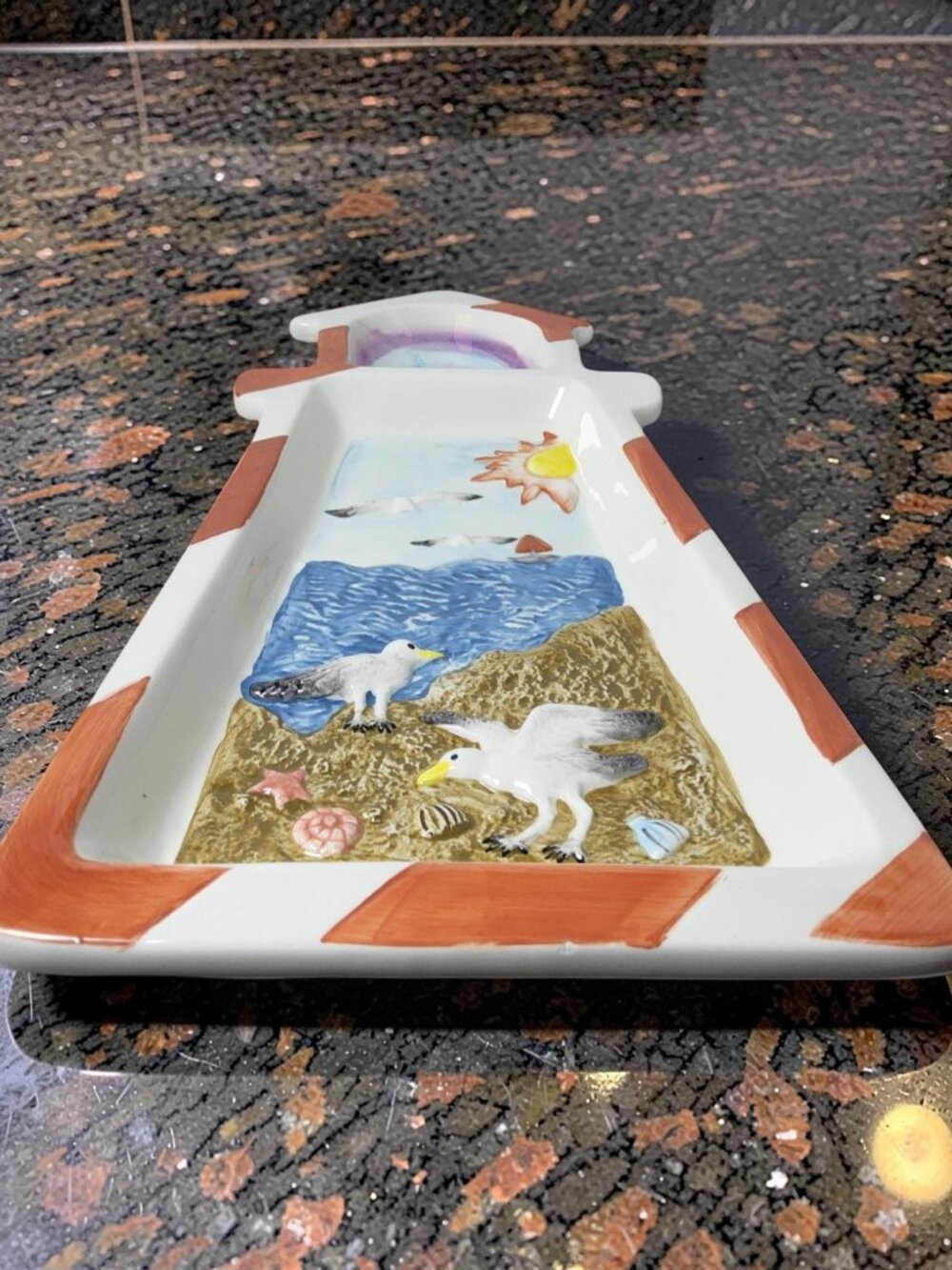 vintage 1990s ceramic veggie and dip platter shaped like a lighthouse with a han